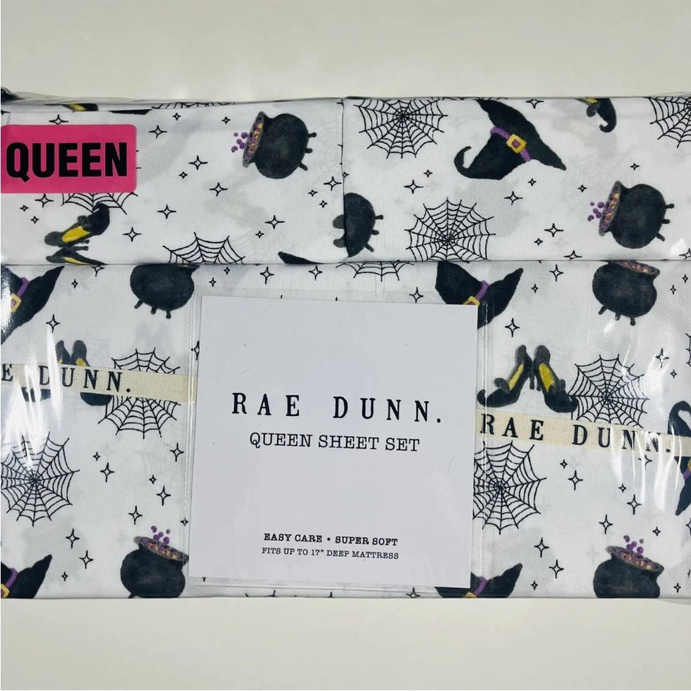 Rae Dunn Halloween QUEEN SIZE SHEET SET Witches Kettle Hat Spider Webs Shoes NEW